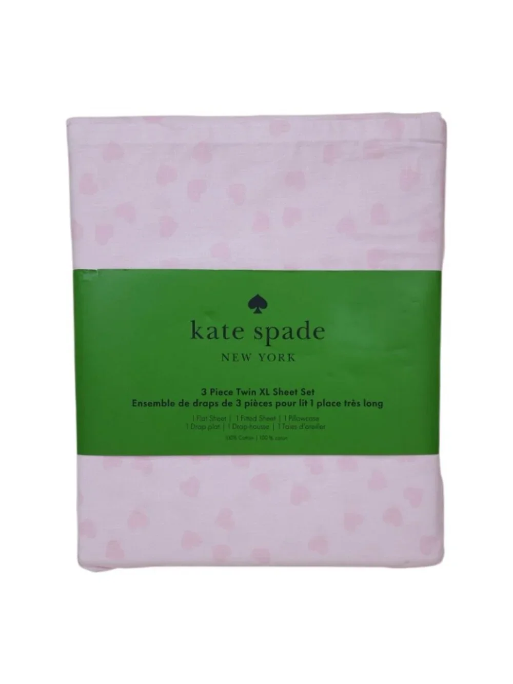 Kate Spade New York 3 Piece Twin XL Sheet Set Pink Hearts 100% Cotton